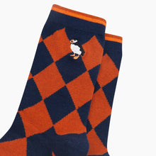 Load image into Gallery viewer, Embroidered Puffin Argyle Combed Cotton Socks in Navy/Orange