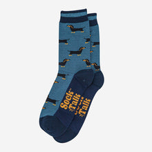 Load image into Gallery viewer, Men's Bamboo Socks - Denim Blue/Navy Blue, Sausage Dog & Stripes