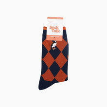 Load image into Gallery viewer, Embroidered Puffin Argyle Combed Cotton Socks in Navy/Orange