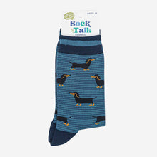 Load image into Gallery viewer, Men's Bamboo Socks - Denim Blue/Navy Blue, Sausage Dog & Stripes