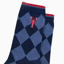 Load image into Gallery viewer, Embroidered Lobster Argyle Combed Cotton Socks in Navy Blue