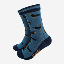 Load image into Gallery viewer, Men's Bamboo Socks - Denim Blue/Navy Blue, Sausage Dog & Stripes