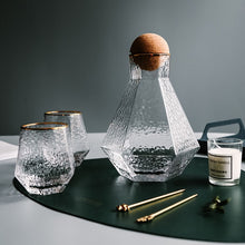 Load image into Gallery viewer, Glass decanter with 2 gold rim glass set
