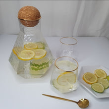 Load image into Gallery viewer, Glass decanter with 2 gold rim glass set
