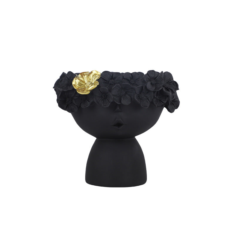Floral Head Resin Vase - Black