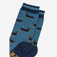 Load image into Gallery viewer, Men's Bamboo Socks - Denim Blue/Navy Blue, Sausage Dog &amp; Stripes

