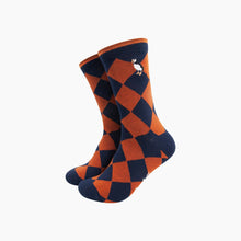Load image into Gallery viewer, Embroidered Puffin Argyle Combed Cotton Socks in Navy/Orange
