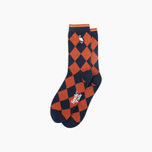 Load image into Gallery viewer, Embroidered Puffin Argyle Combed Cotton Socks in Navy/Orange
