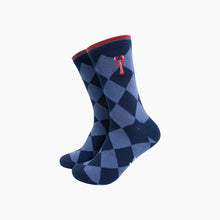 Load image into Gallery viewer, Embroidered Lobster Argyle Combed Cotton Socks in Navy Blue
