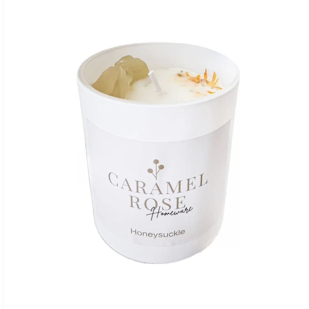 Caramel Rose Home Crystal & Botanical Candle - Honeysuckle