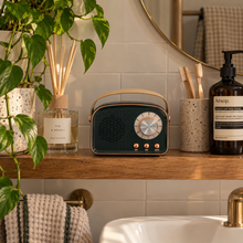 Load image into Gallery viewer, Retro Bluetooth Speakers - Forest Green &amp; Gold
