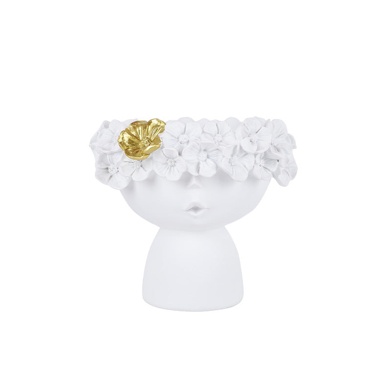 Floral Head Resin Vase - White