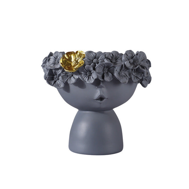 Floral Head Resin Vase - Grey